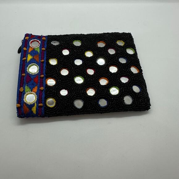Vintage Cache Beaded Coin Purse Lined Zipper Pouch Black Aztec Print Mirrors - Picture 2 of 8